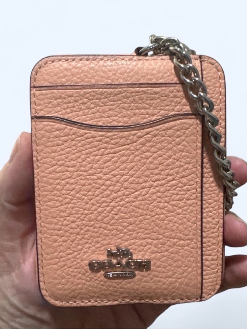 Coach Peach Pebbled Leather Zip Card Holder with Chain